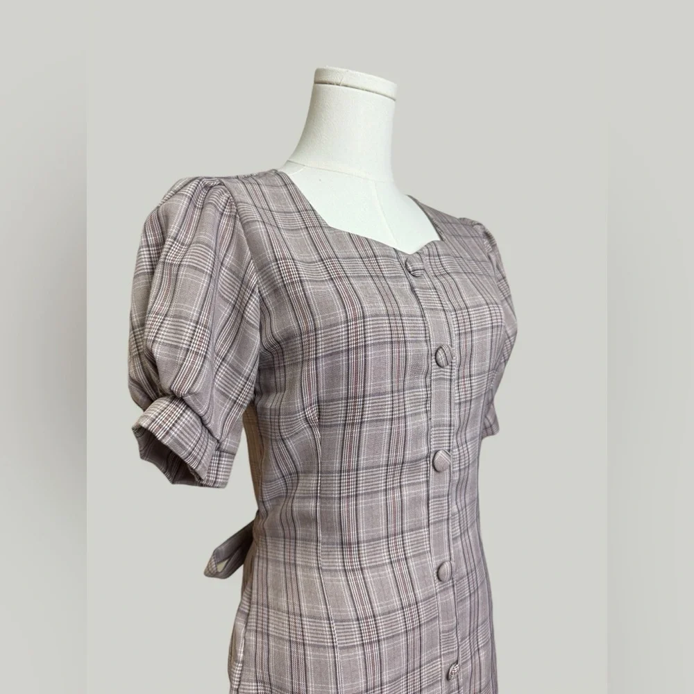Plaid Dress Women Size Medium Brown Midi Sweetheart Neckline Puff Short Sleeves - Picture 8 of 11